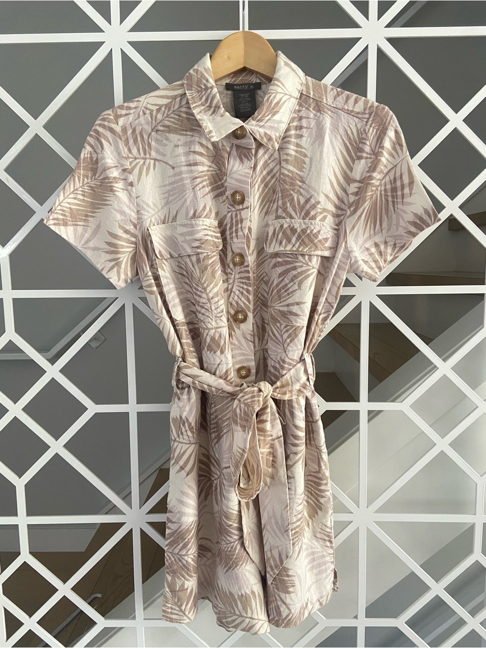 Linen Blend Romper Small Neutral Palm Print Tie Waist Pockets | Matty M - Picture 2 of 8